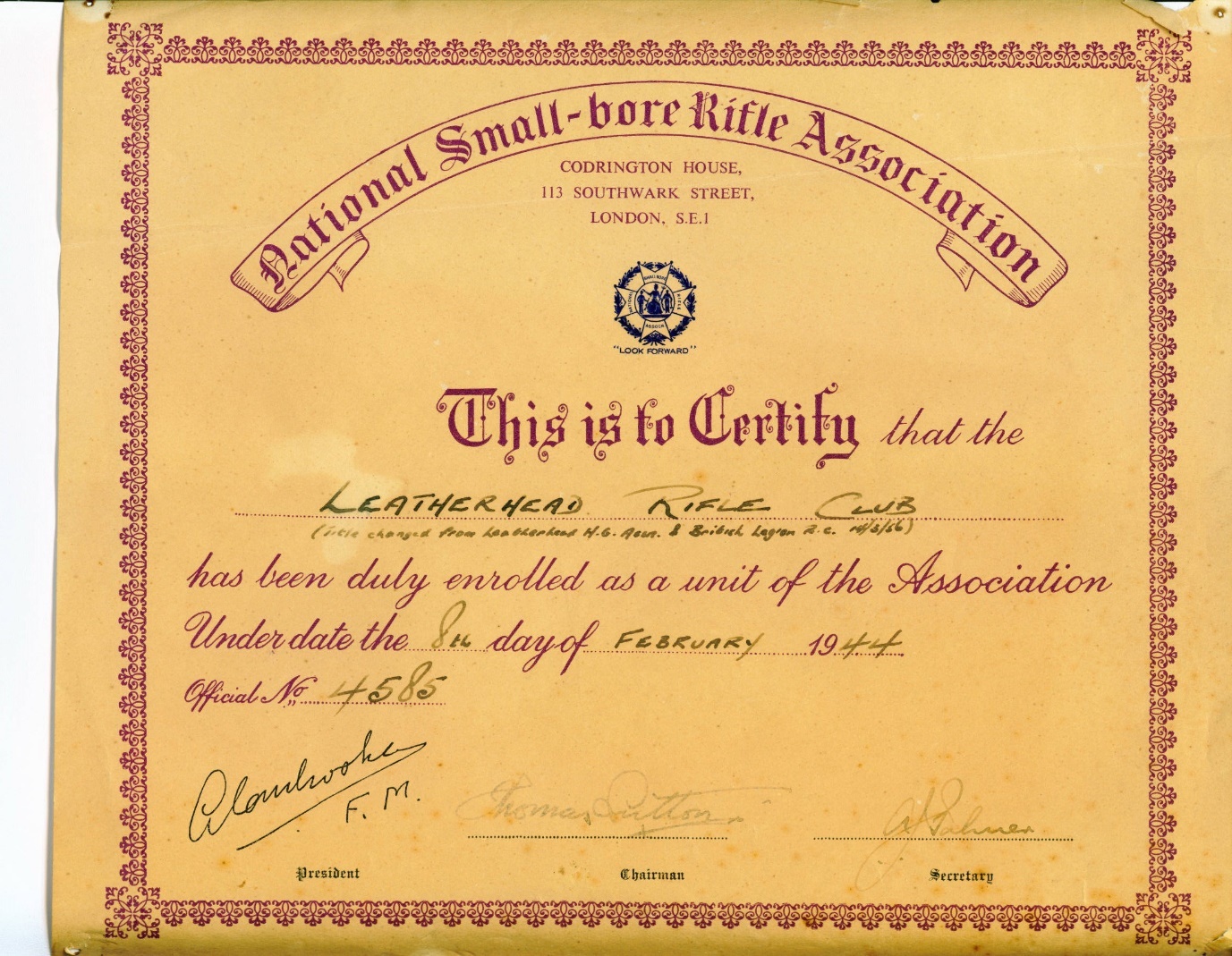 National Small-bore Rifle Association certificate, 8th February 1944