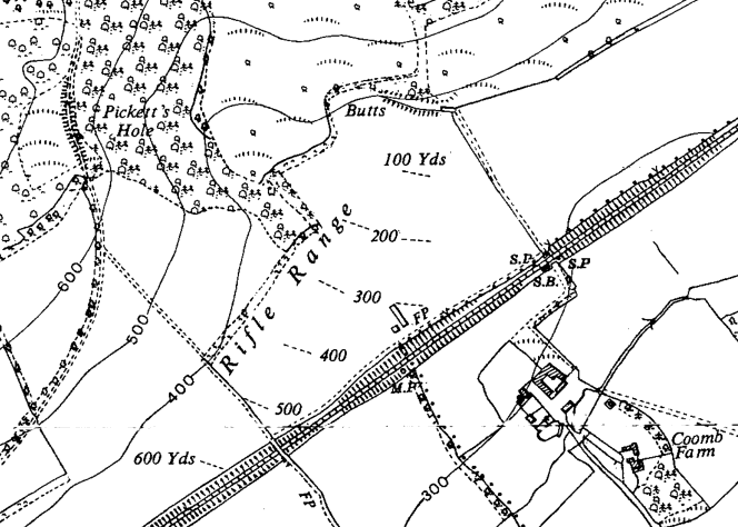 1955 Ordnance Survey map showing the range and firing points after the abandonment of the Rifle Range Halt
